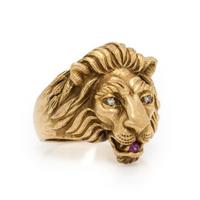Yellow Gold, Diamond, and Ruby Lion Ring