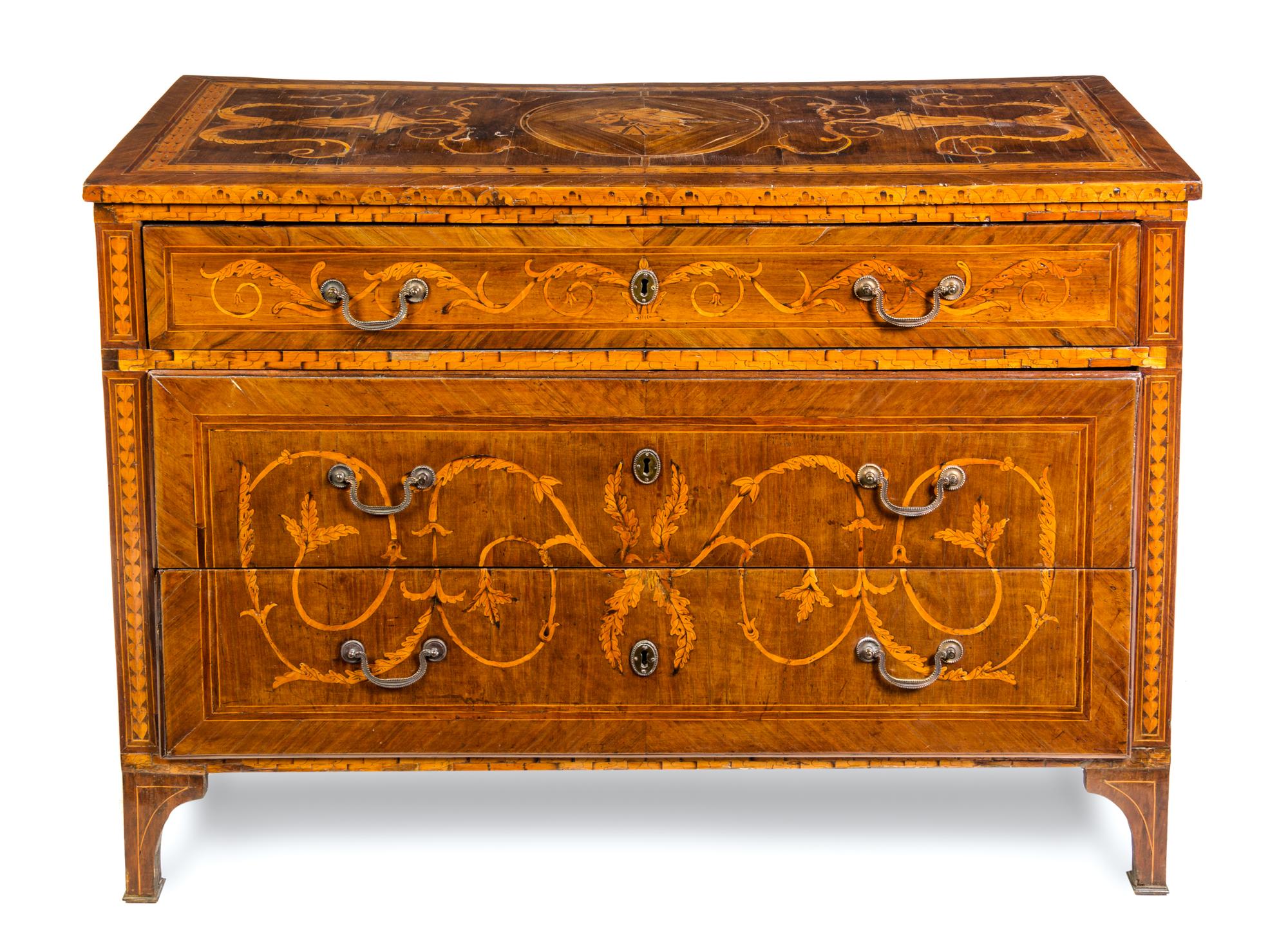An Italian Marquetry Commode Height 34 3/4 x width 49 x depth 22 1/2 inches. — 18TH CENTURY