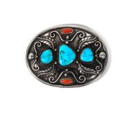 A Silver, Turquoise and Coral Belt Buckle Height 3 x width 3 3/4 inches.
