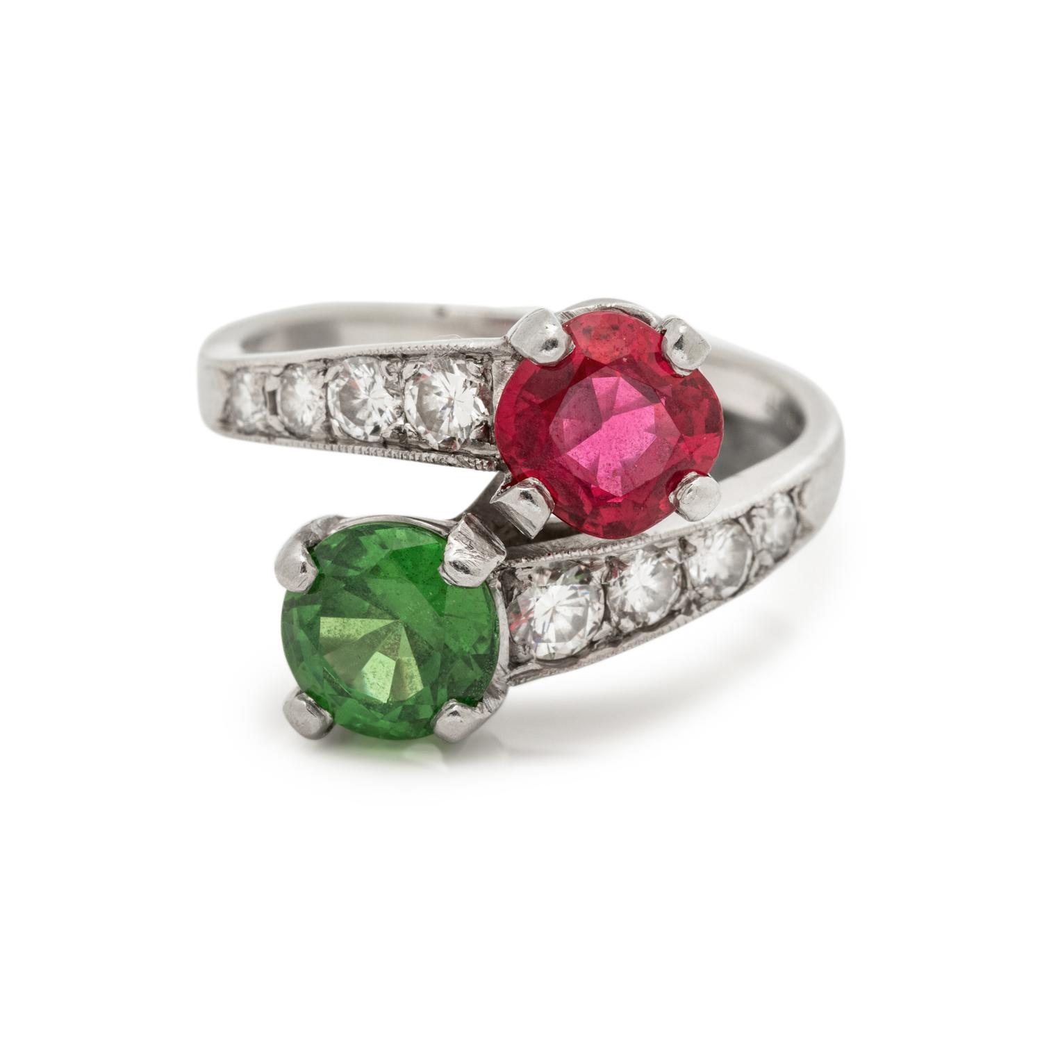 TSAVORITE GARNET, RED SPINEL AND DIAMOND 'TOI ET MOI' RING