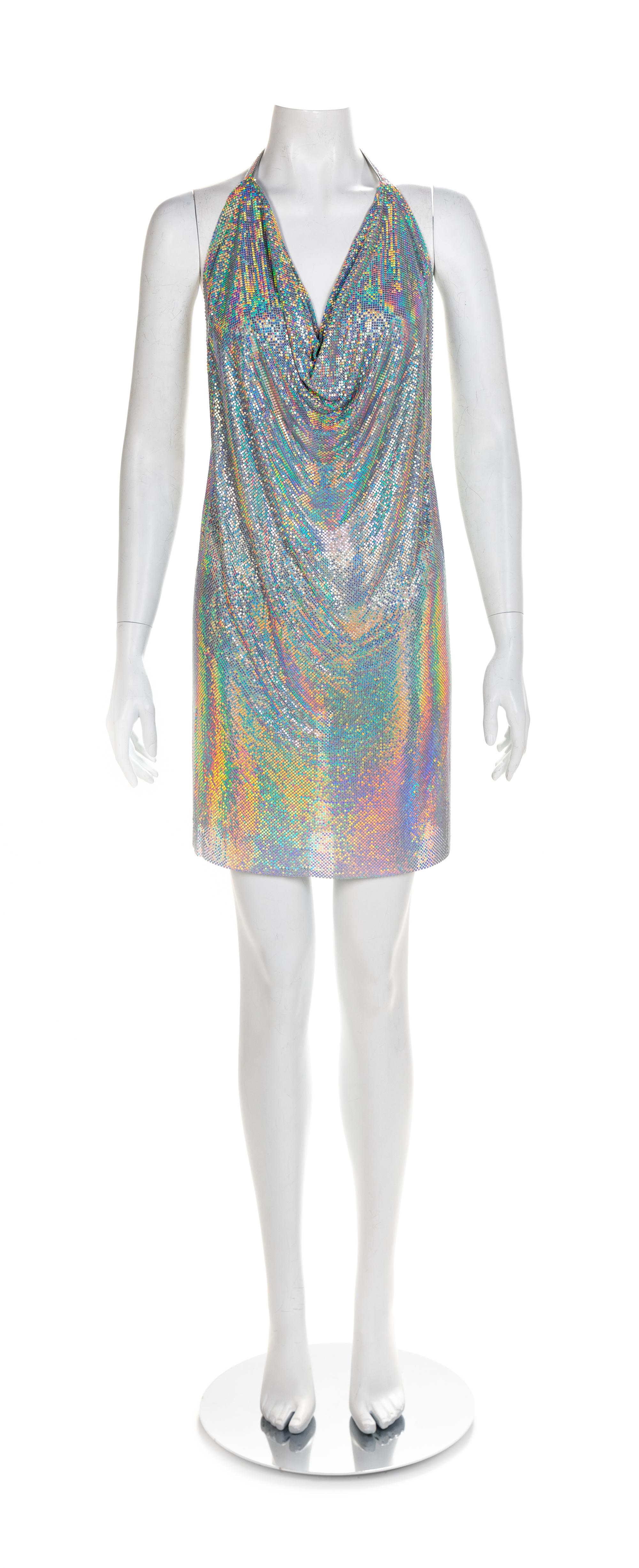 Paco Rabanne Silver Oroton Top and an Iridescent Oroton Halter Dress, 1980-90s Paco Rabanne: no size label; Halter: Medium