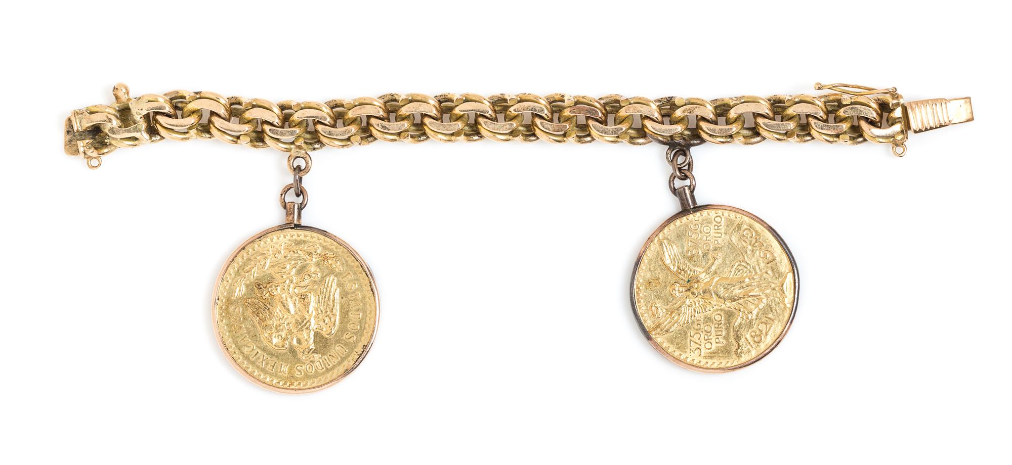 An 18 Karat Yellow Gold Bracelet with Two Attached 50 Pesos Coin Charms, 114.40 dwts.