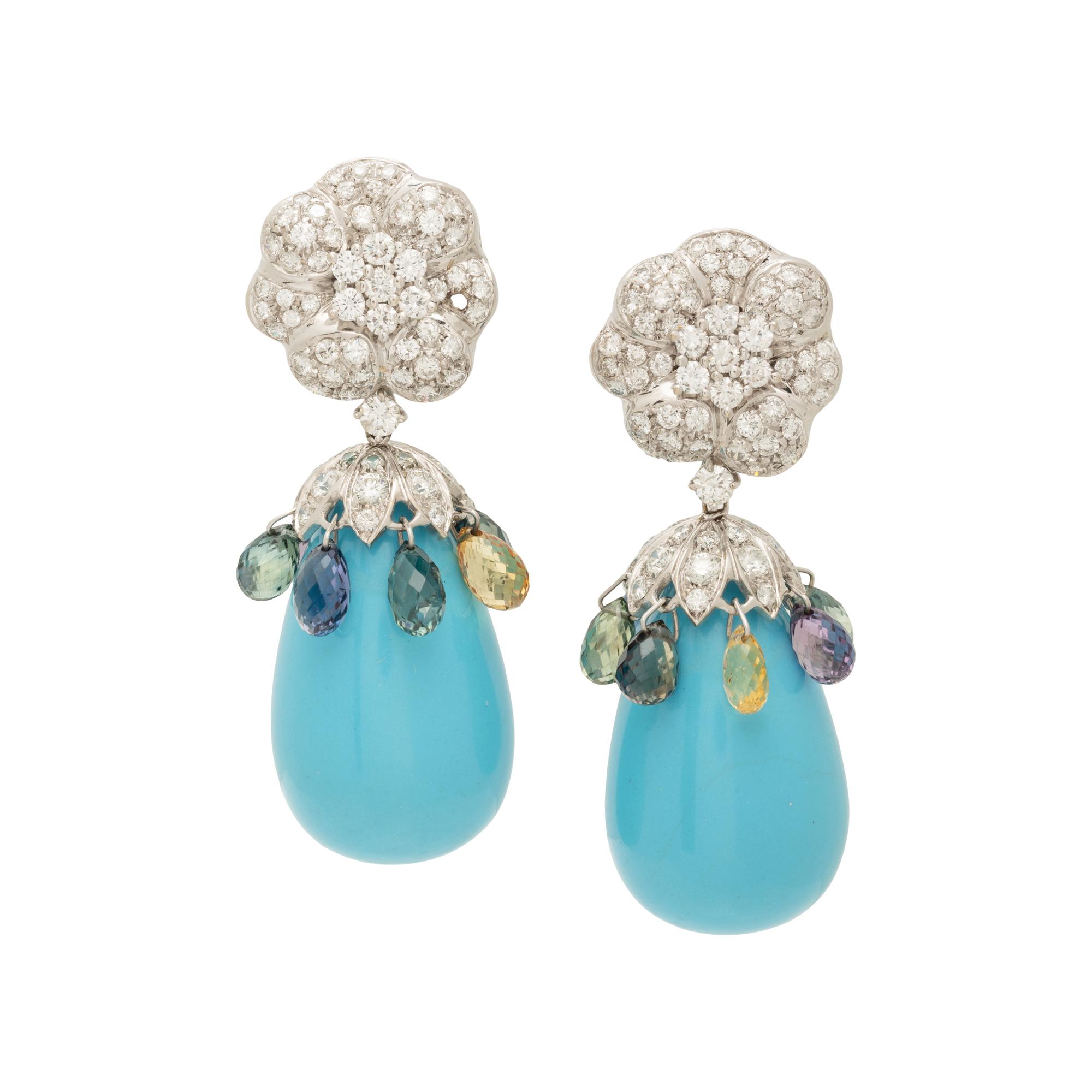 TURQUOISE, DIAMOND, AND MULTICOLORED SAPPHIRE EARRINGS