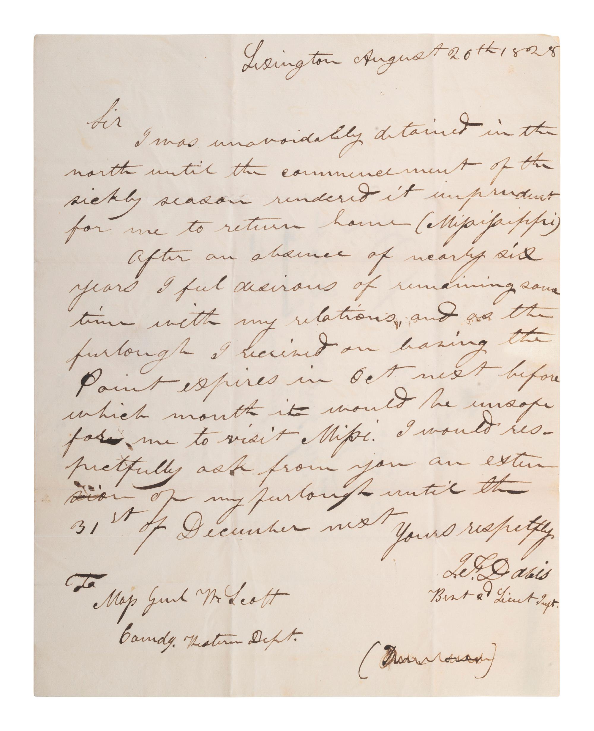 DAVIS, JEFFERSON (1808-1889). Autograph letter signed ("J.F. Davis") to General Winfield Scott. "Lexington," [Kentucky], 26 August 1828.