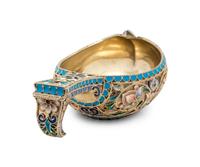 A Russian Silver-Gilt and Enamel Kovsh