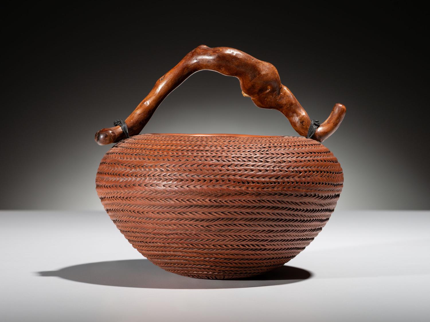 Corrugated Pottery Jar, with Wood Handle