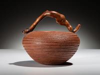 Corrugated Pottery Jar, with Wood Handle