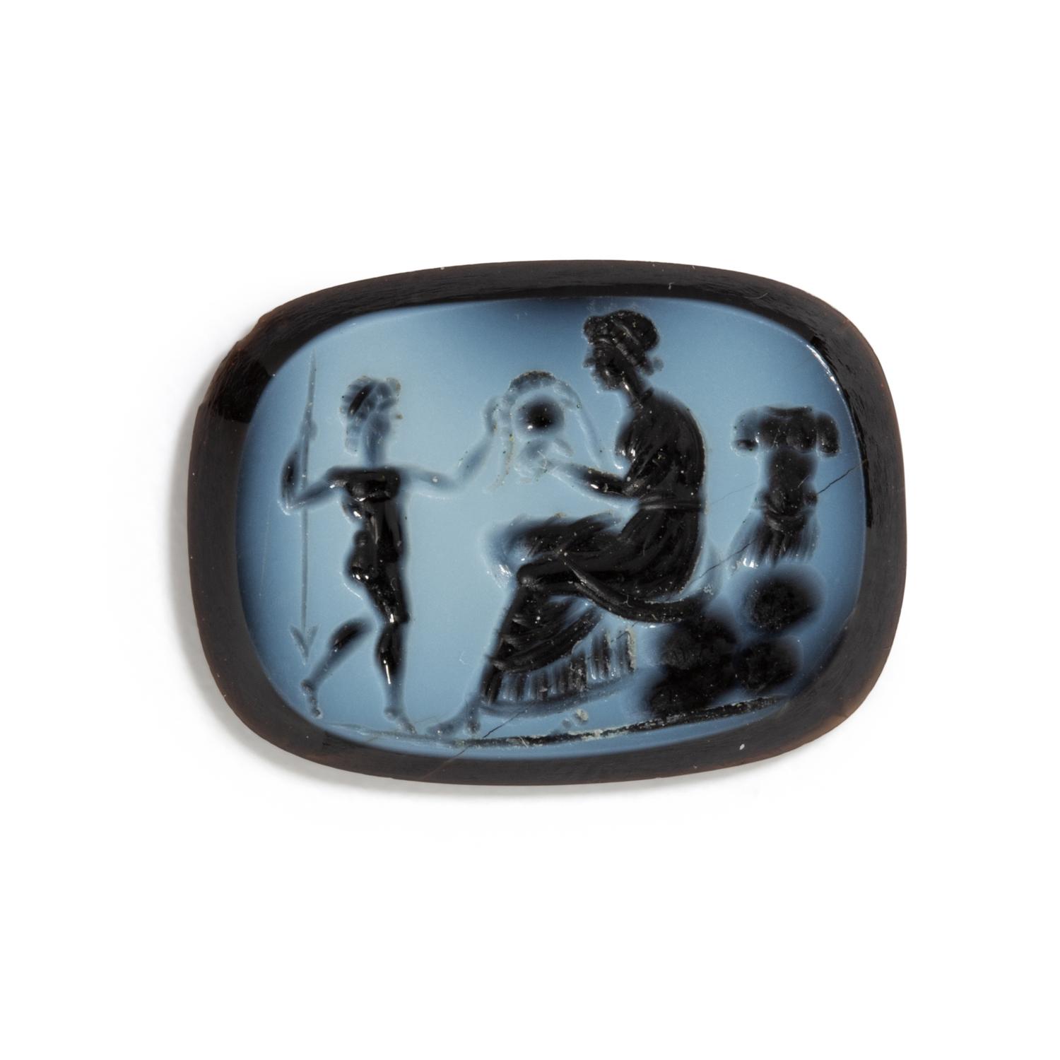 A Neoclassical Nicolo Intaglio with Eros Presenting the Weapons of Mars to Venus