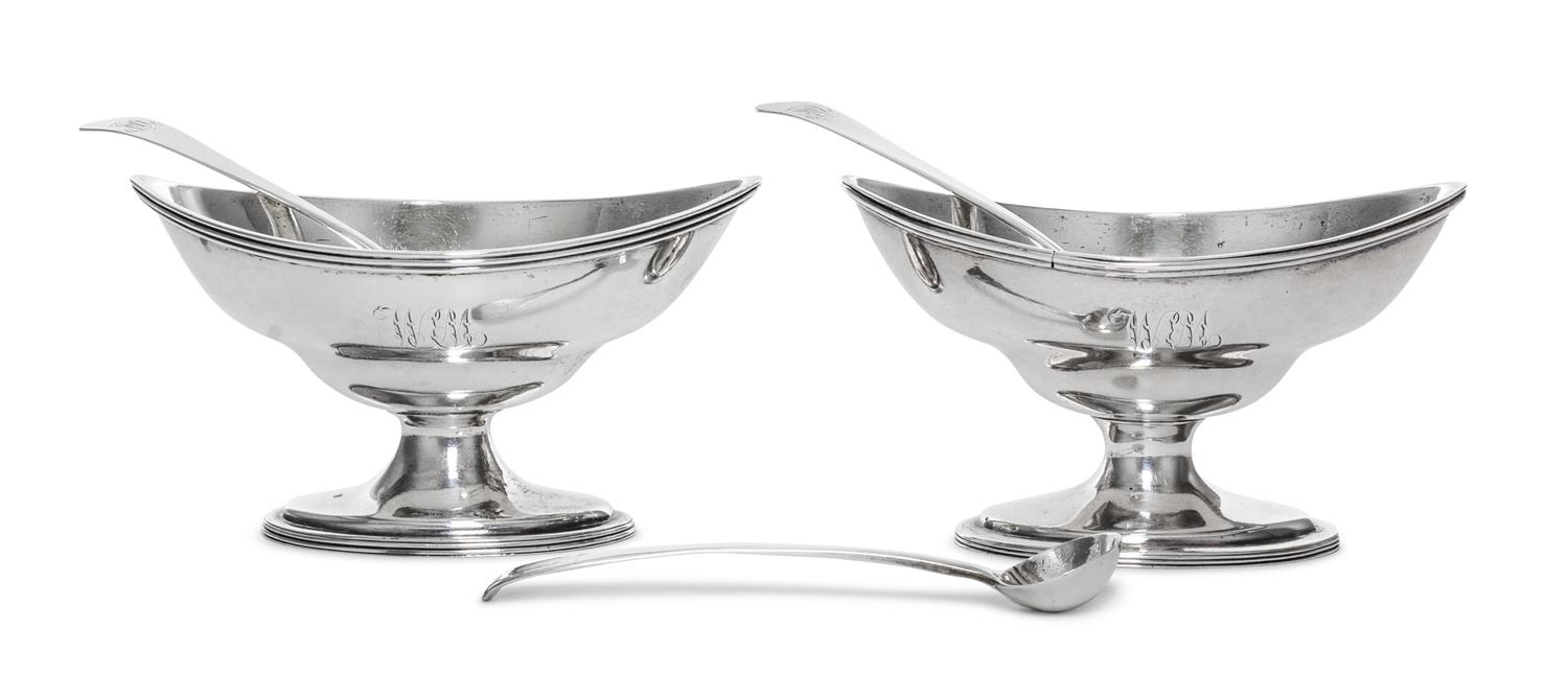A Matched Pair of George III Silver Salts, Hester Bateman, London, 1787 and 1789, of oval bellied form with applied reeded rims; togeth