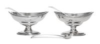 A Matched Pair of George III Silver Salts, Hester Bateman, London, 1787 and 1789, of oval bellied form with applied reeded rims; togeth