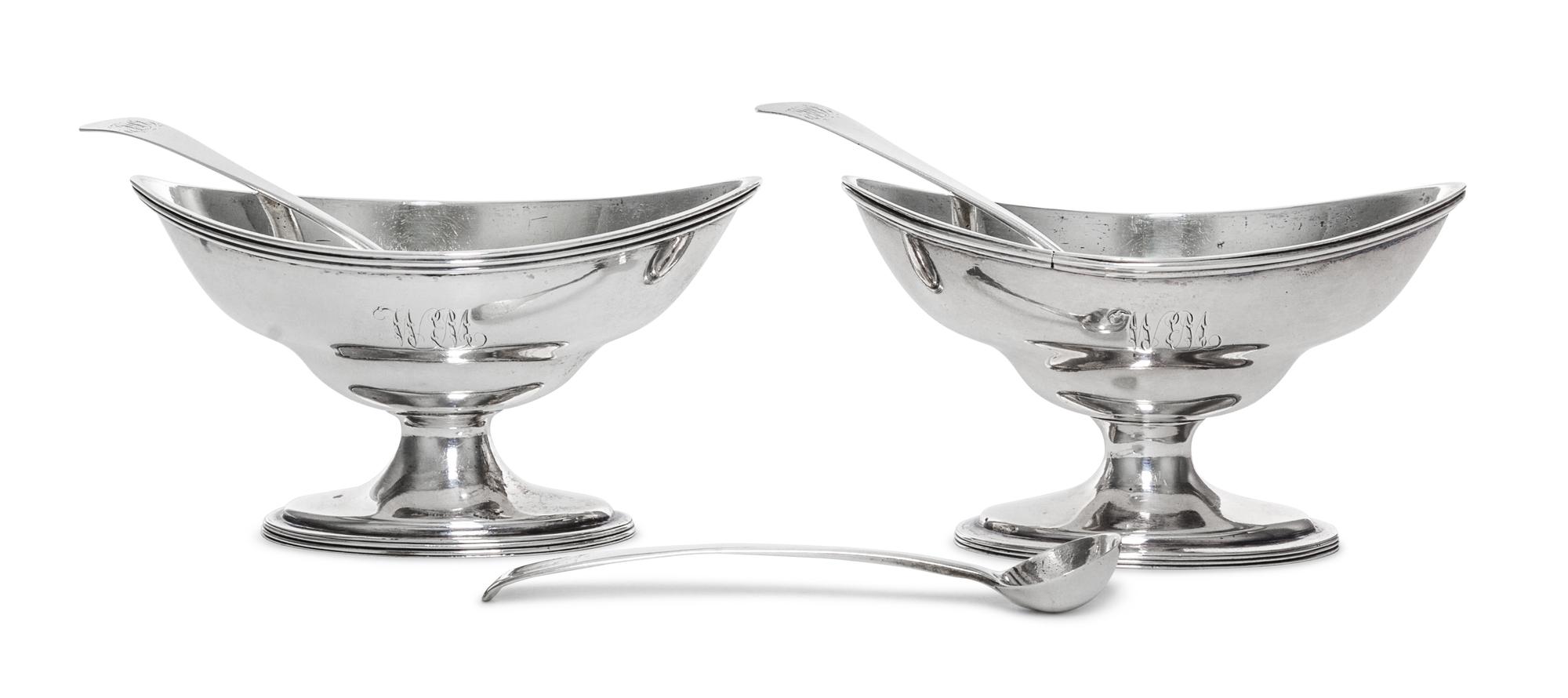 A Matched Pair of George III Silver Salts, Hester Bateman, London, 1787 and 1789, of oval bellied form with applied reeded rims; togeth