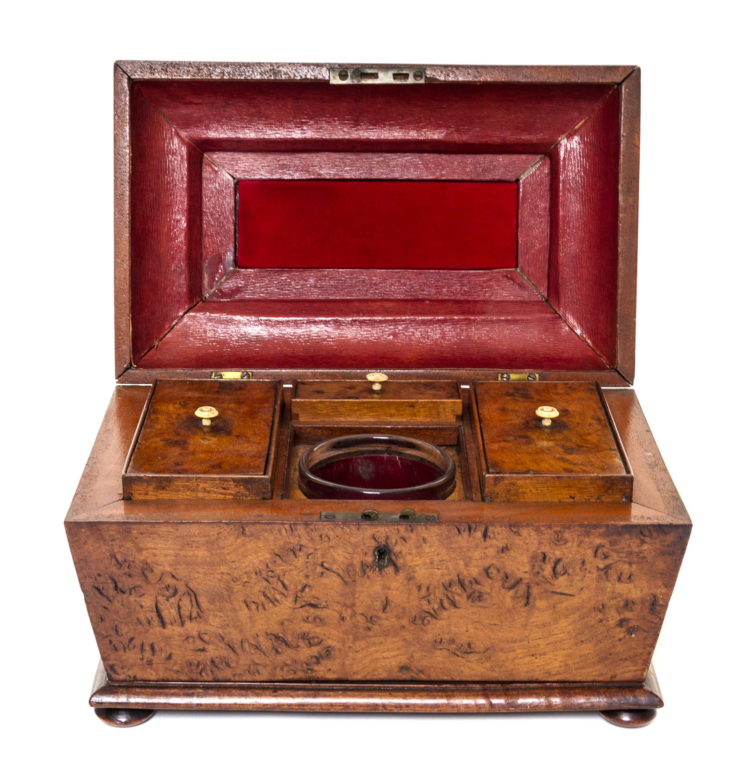 A Regency Burlwood Tea Caddy Height 8 x width 13 1/4 x depth 8 1/8 inches. — 19TH CENTURY