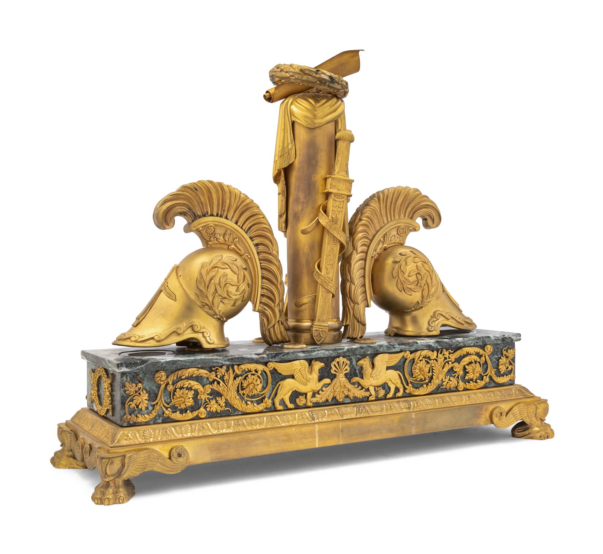A Large Empire Style Gilt Bronze and Vert de Mer Marble Ink Stand