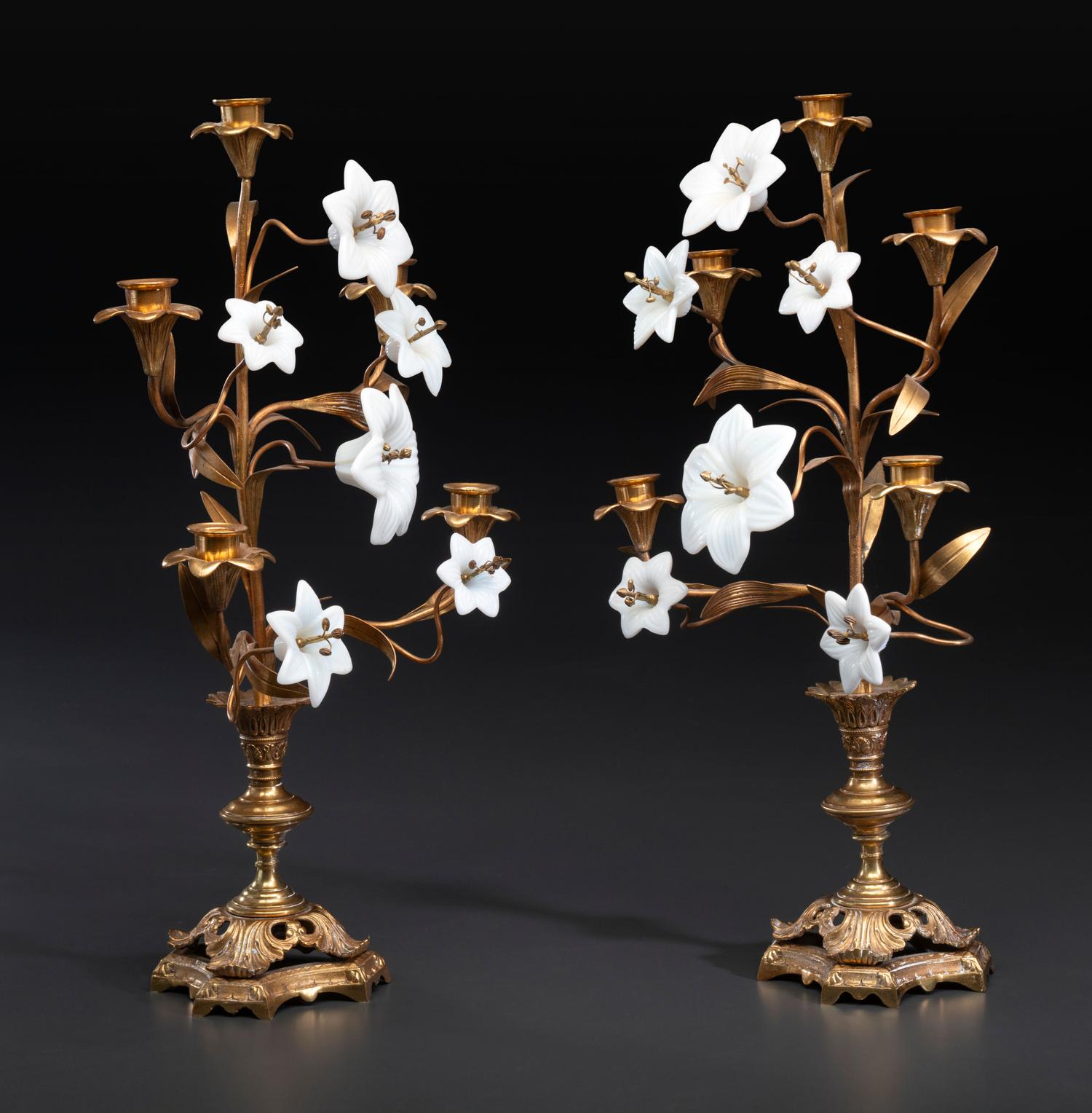 A Pair of French Gilt Metal and Opaline Glass Five-Light Floral Candelabra