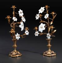 A Pair of French Gilt Metal and Opaline Glass Five-Light Floral Candelabra