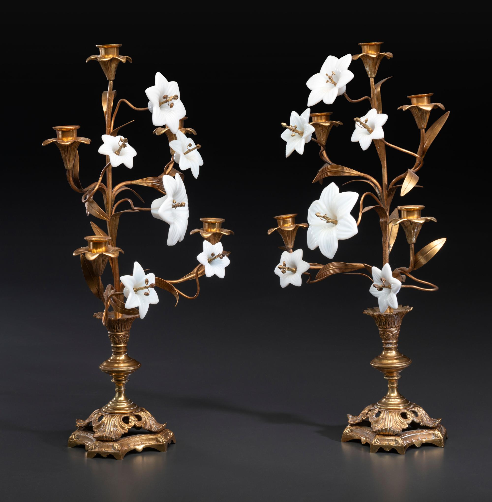 A Pair of French Gilt Metal and Opaline Glass Five-Light Floral Candelabra
