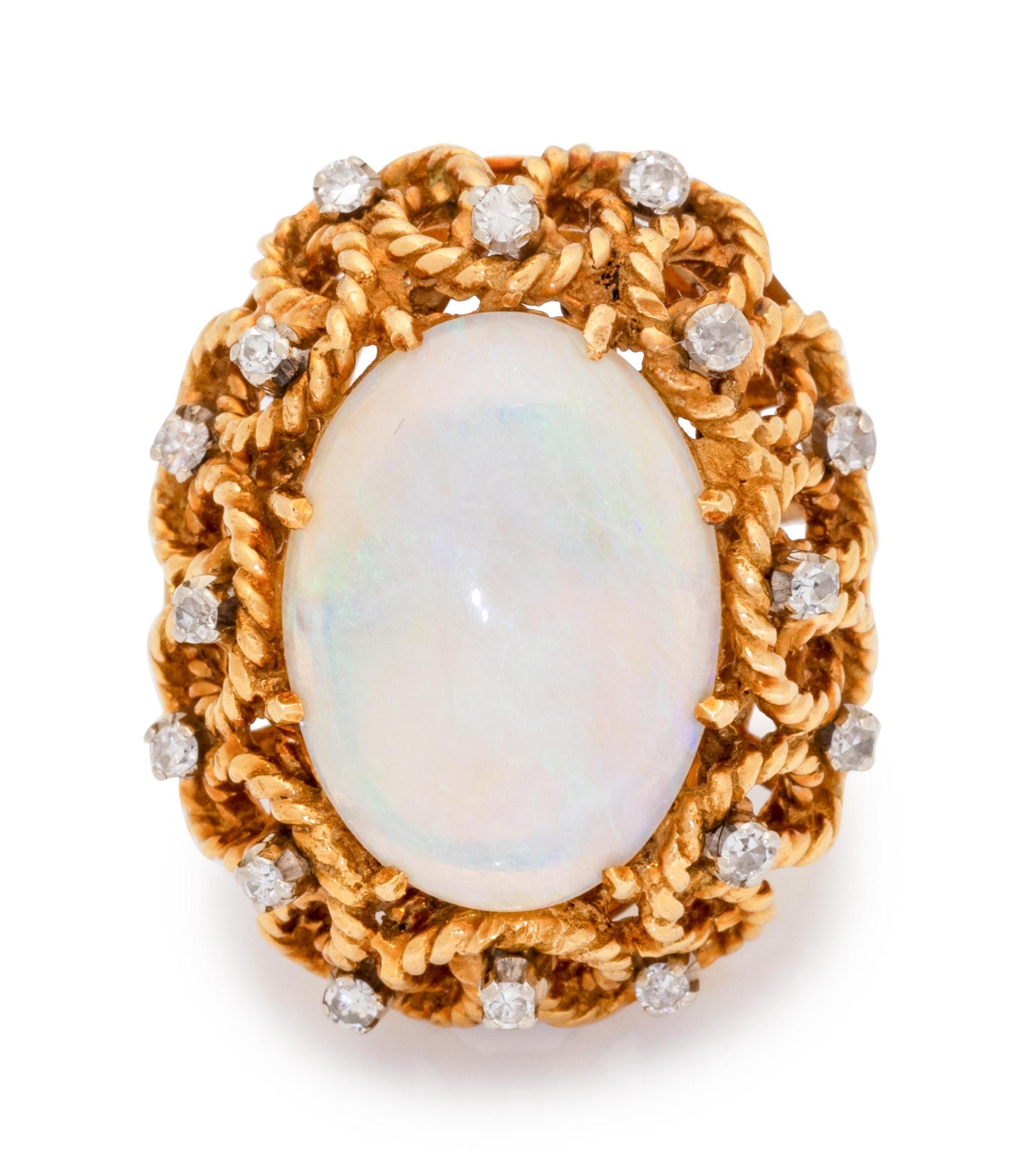 An 18 Karat Yellow Gold, Opal and Diamond Ring,