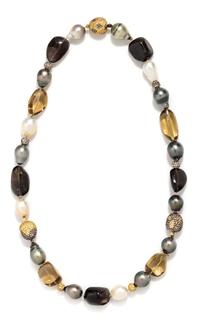 CULTURED PEARL, DIAMOND, COLORED DIAMOND AND GEMSTONE NECKLACE/BRACELET