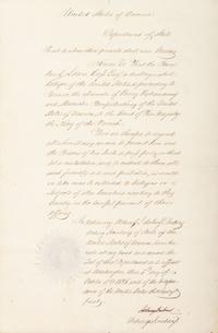 [POLITICS]. [CASS, Lewis (1782-1866). DICKENS, Asbury (1780-1861). Document signed ("Asbury Dickens"), as Acting Secretary of State. Washington, D.C.: 4 October 1836.