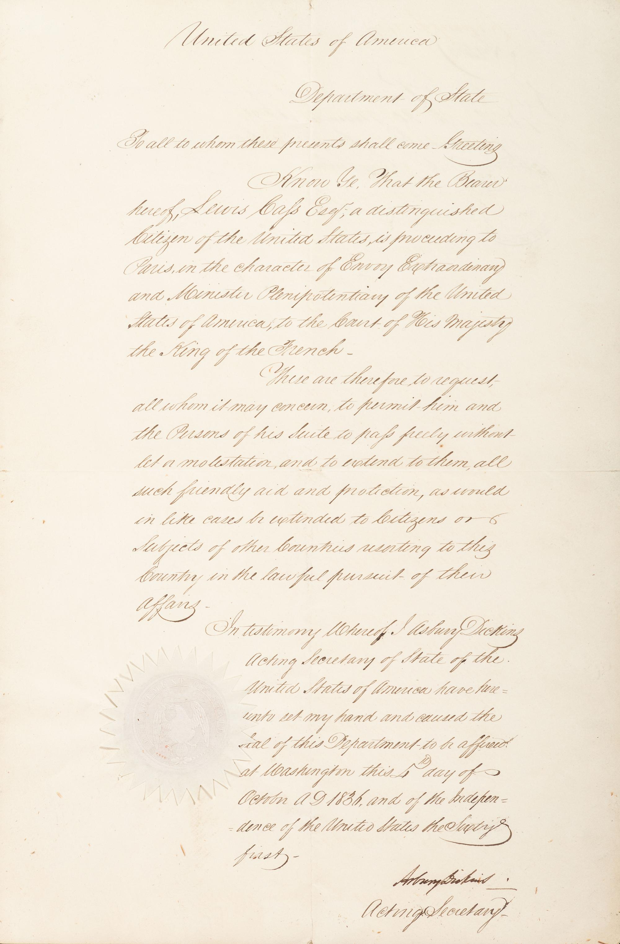 [POLITICS]. [CASS, Lewis (1782-1866). DICKENS, Asbury (1780-1861). Document signed ("Asbury Dickens"), as Acting Secretary of State. Washington, D.C.: 4 October 1836.