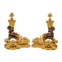A Pair of Louis XV Style Gilt and Patinated Bronze Figural Chenets