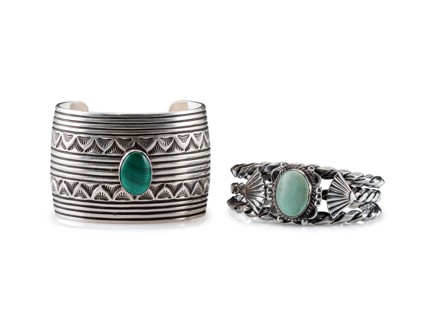 Navajo Silver Cuff Bracelets with Inlay