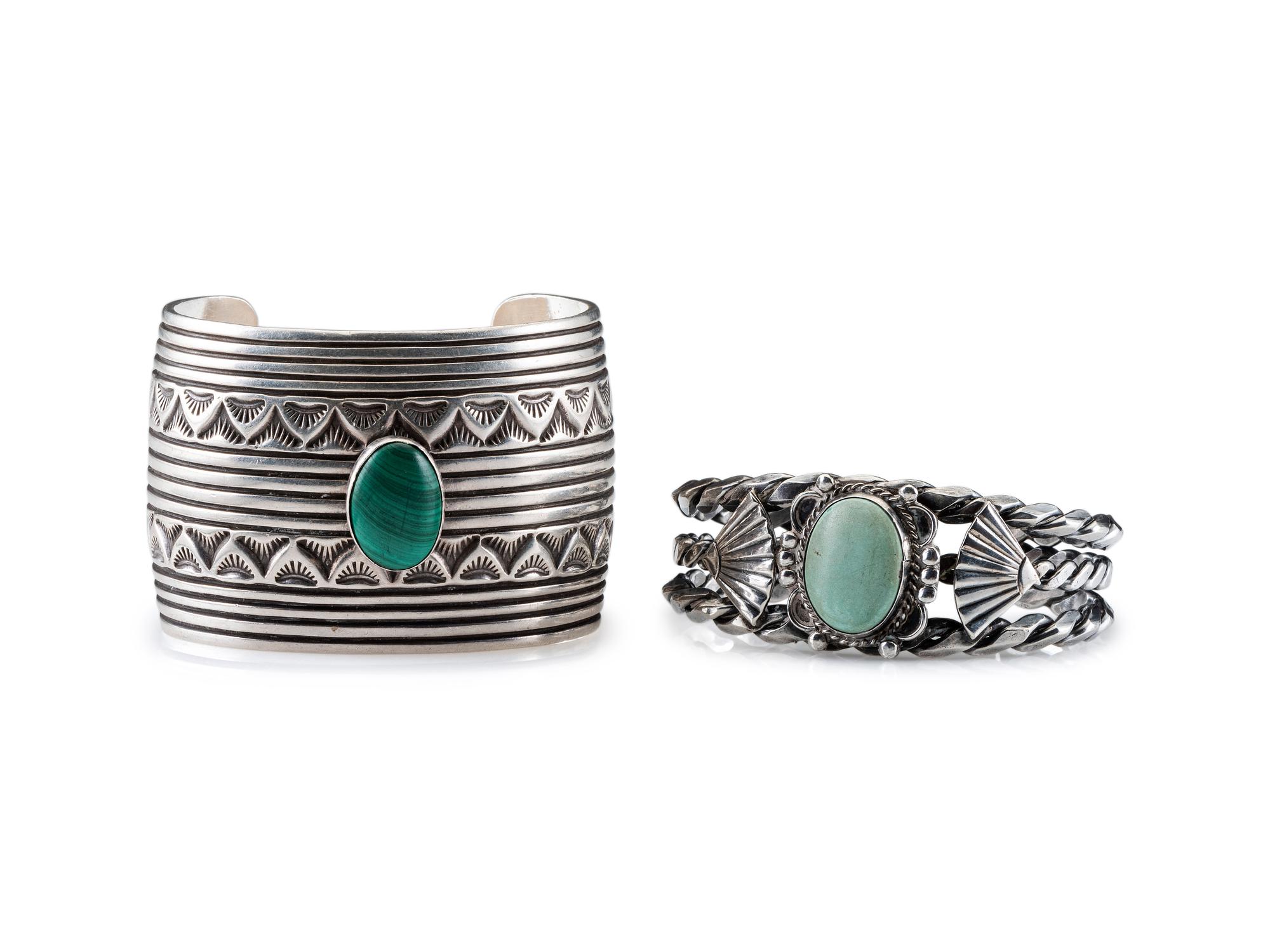 Navajo Silver Cuff Bracelets with Inlay