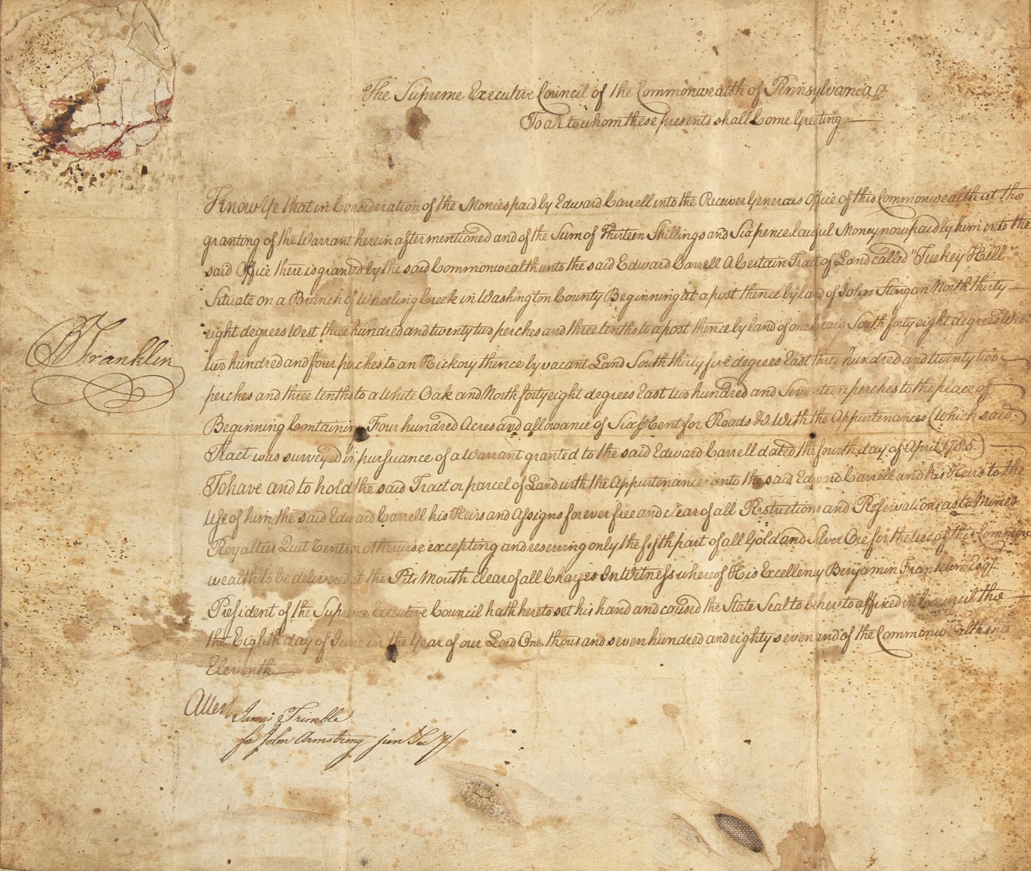 [Franklin, Benjamin] Franklin, Benjamin. Manuscript Document, signed