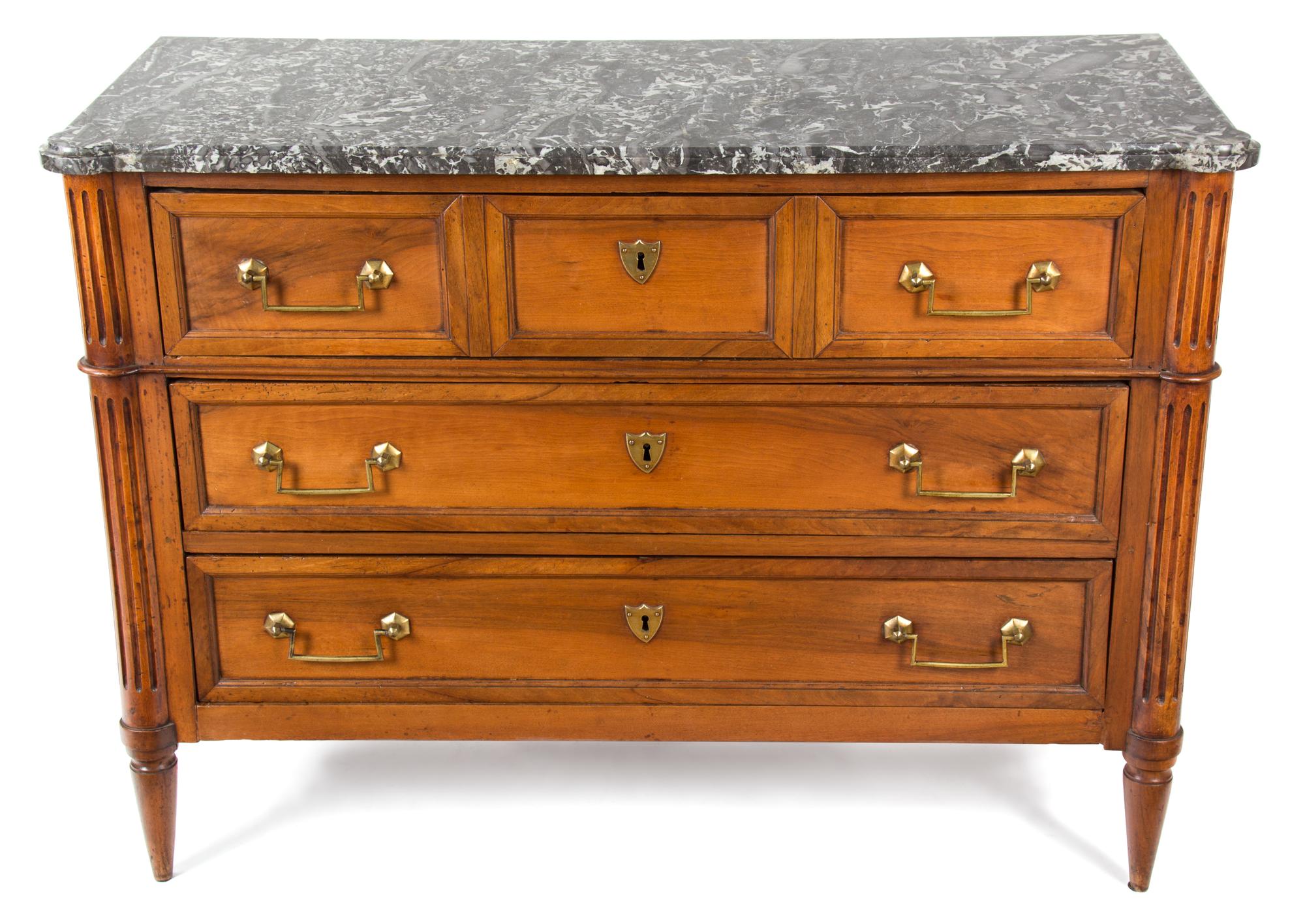 A Louis XVI Style Fruitwood Marble Top Commode Height 32 x width 44 x depth 18 1/2 inches. — 19TH CENTURY