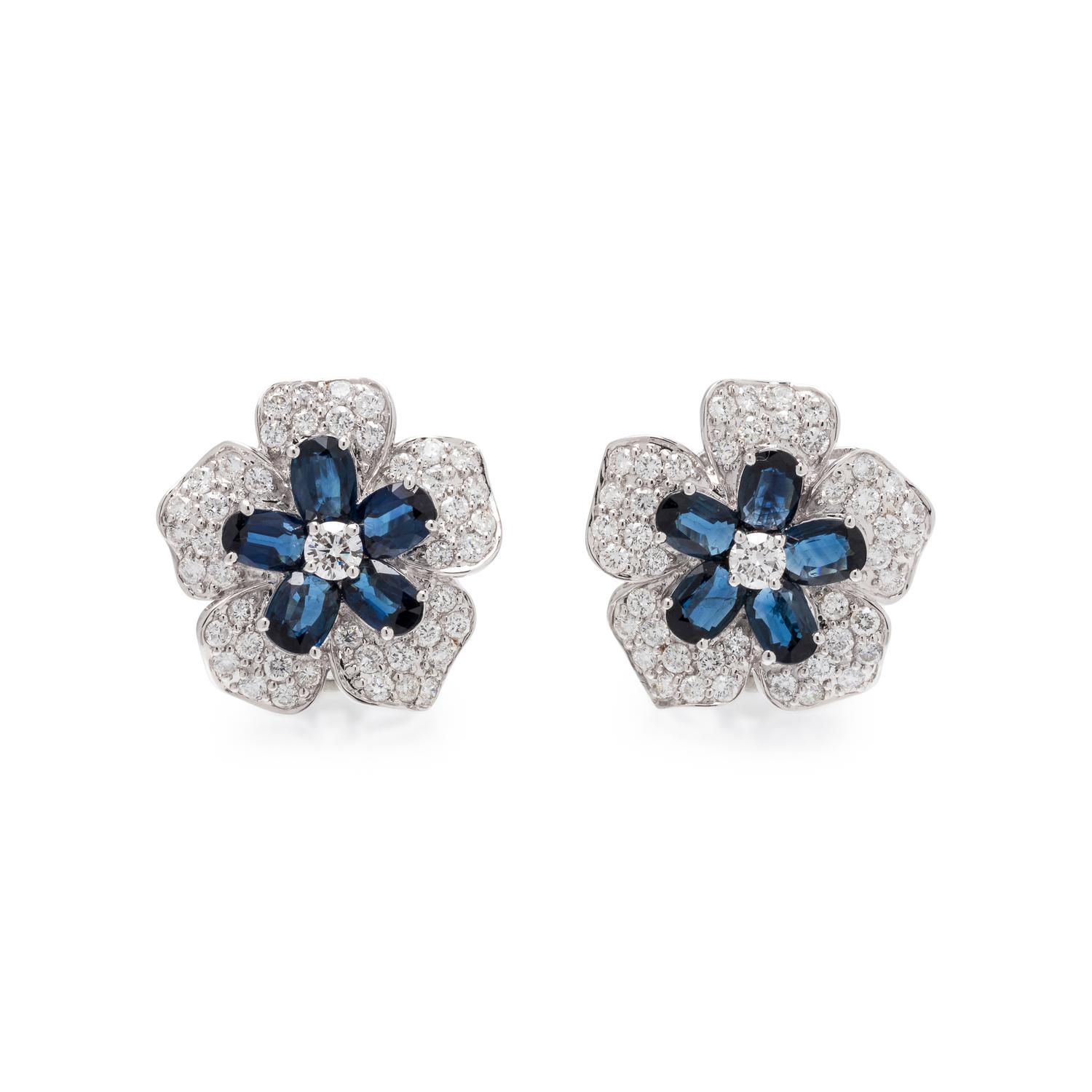 SAPPHIRE AND DIAMOND FLOWER EARCLIPS