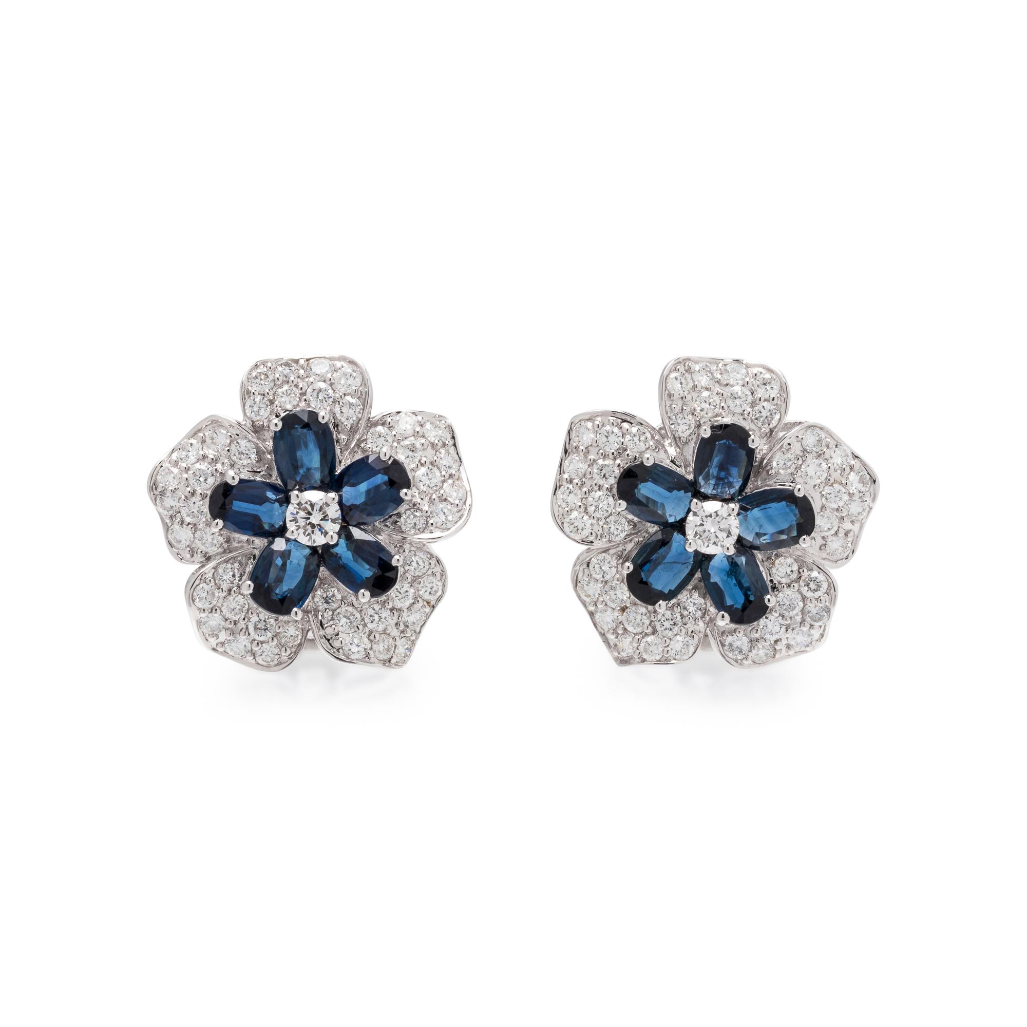 SAPPHIRE AND DIAMOND FLOWER EARCLIPS