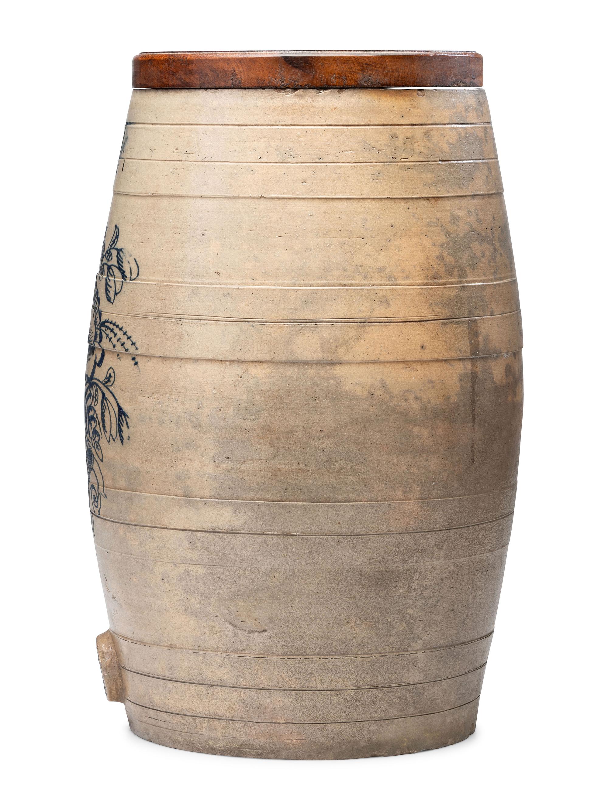 A Ten-Gallon Stoneware Keg with Floral Basket Decoration
