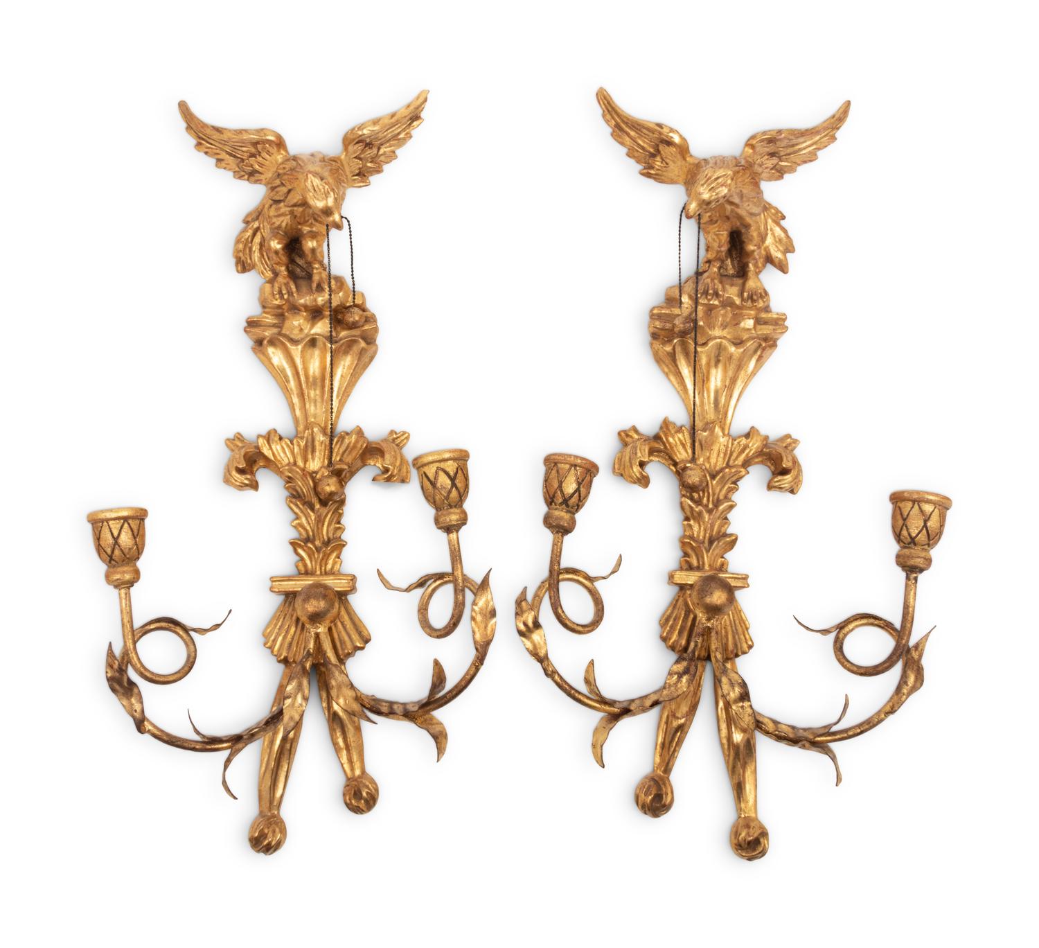 A Pair of Regency Style Giltwood Two-Light Sconces