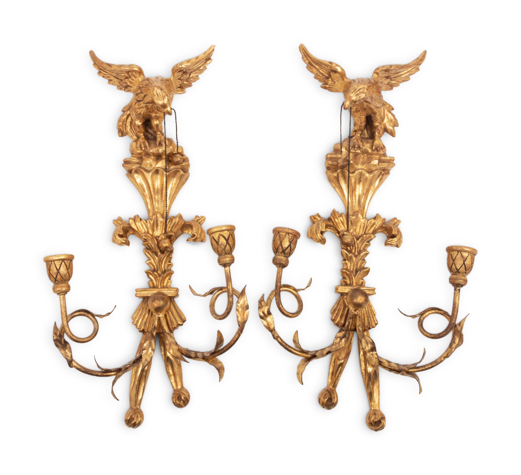 A Pair of Regency Style Giltwood Two-Light Sconces