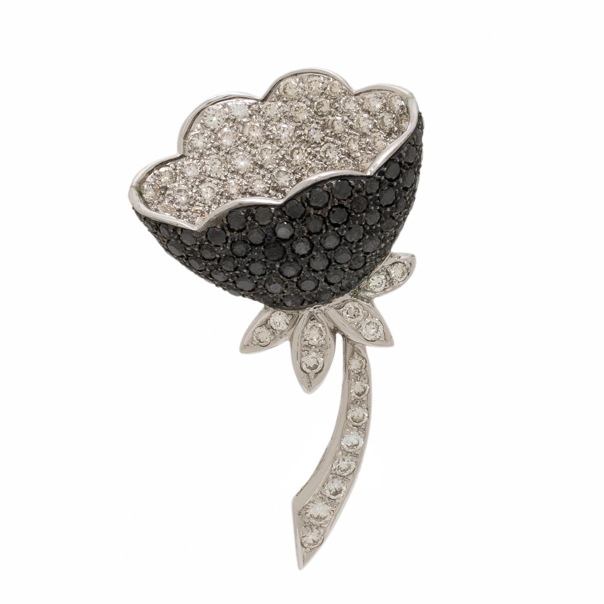 Diamond, Black Diamond, and White Gold Flower Brooch