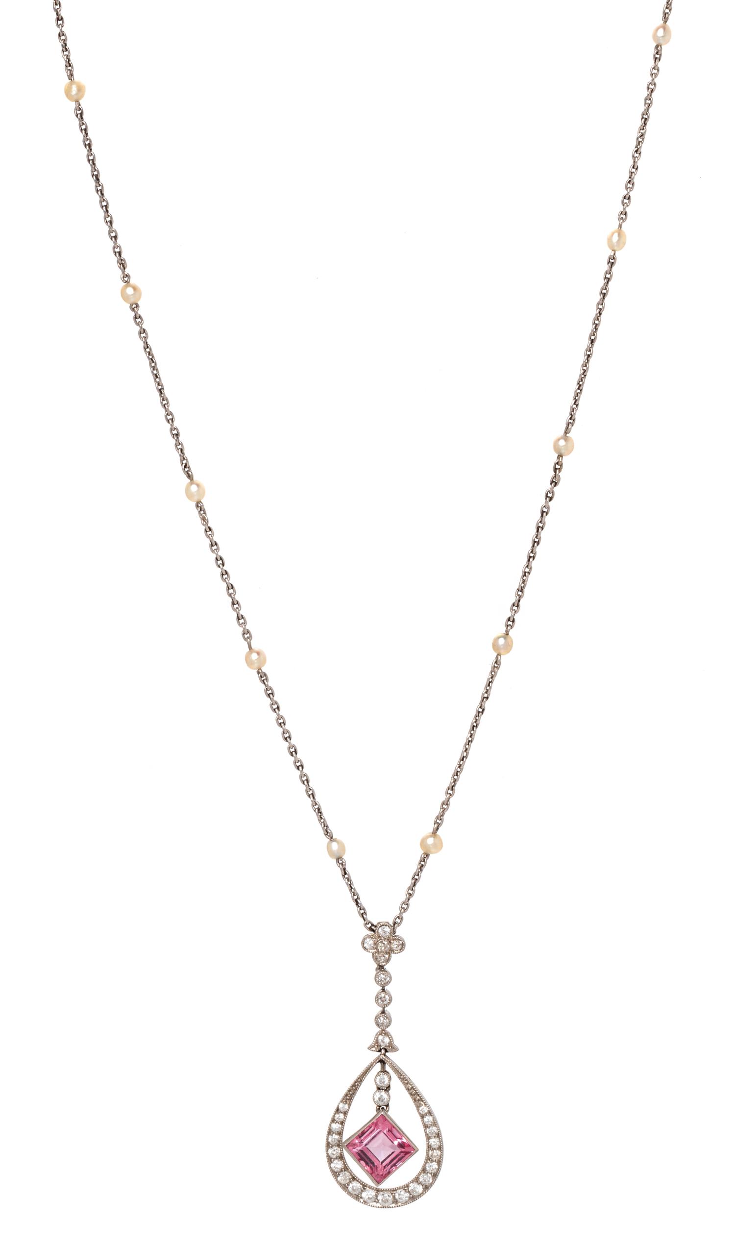 An Art Deco Platinum, Pink Tourmaline, Diamond and Seed Pearl Pendant/Necklace, J.E. Caldwell Co., 6.00 dwts.