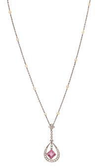 An Art Deco Platinum, Pink Tourmaline, Diamond and Seed Pearl Pendant/Necklace, J.E. Caldwell Co., 6.00 dwts.