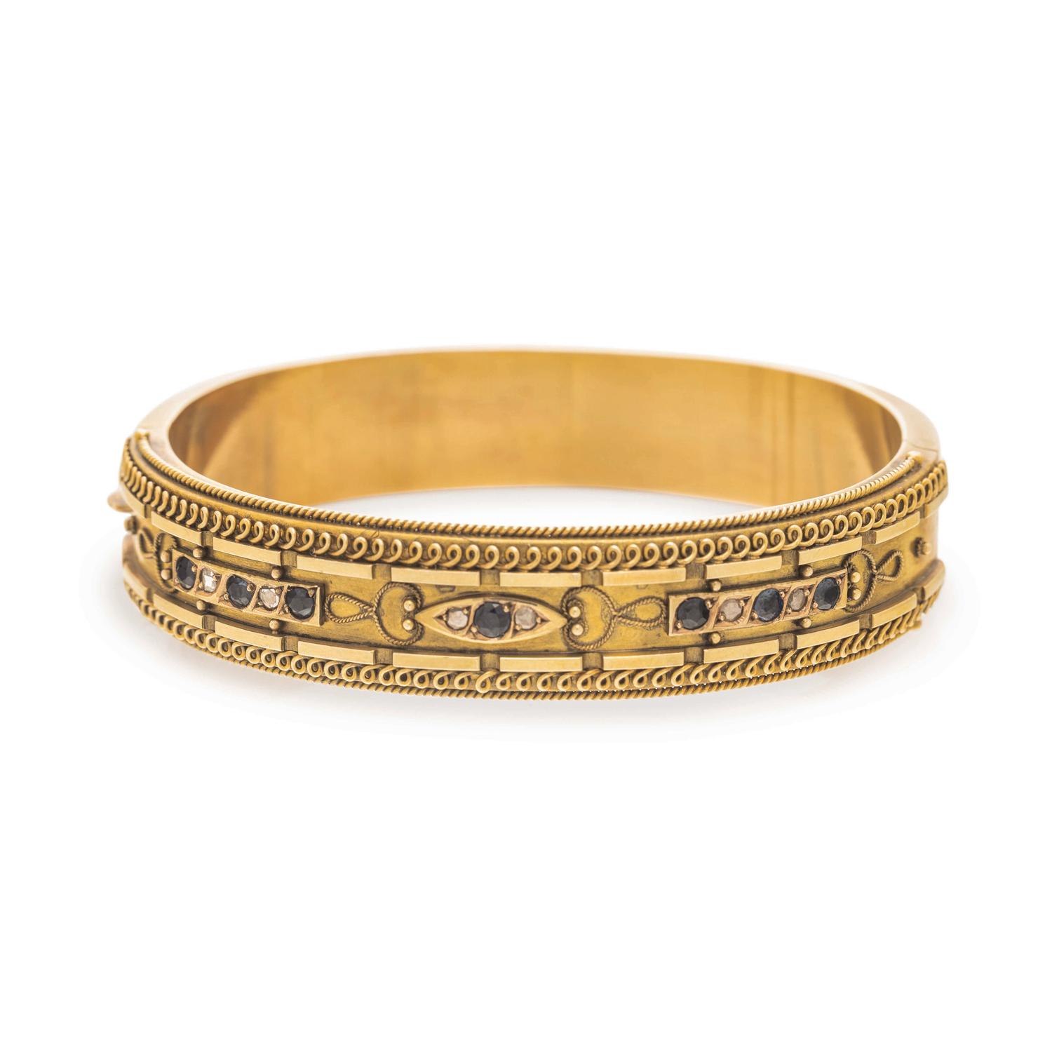 VICTORIAN, GOLD-FILLED, SAPPHIRE AND DIAMOND BANGLE BRACELET