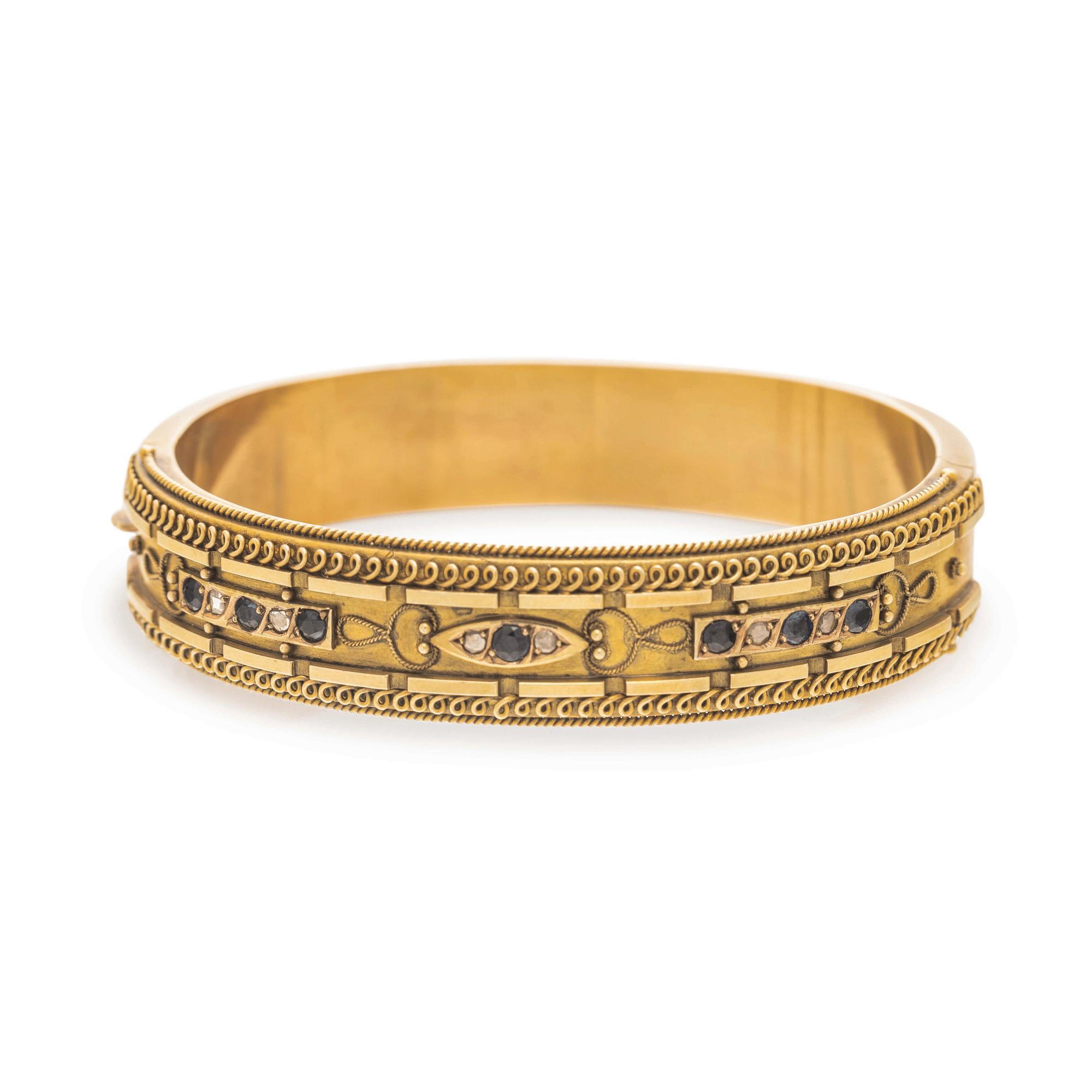 VICTORIAN, GOLD-FILLED, SAPPHIRE AND DIAMOND BANGLE BRACELET