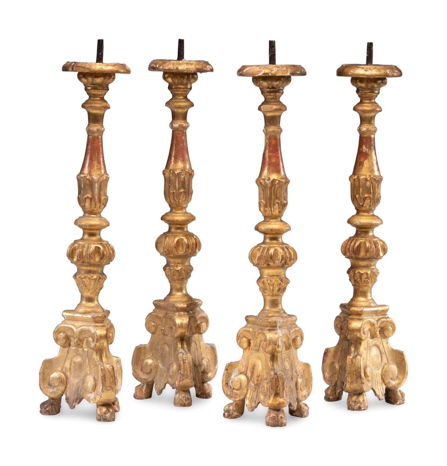 Four Continental Giltwood Pricket Sticks