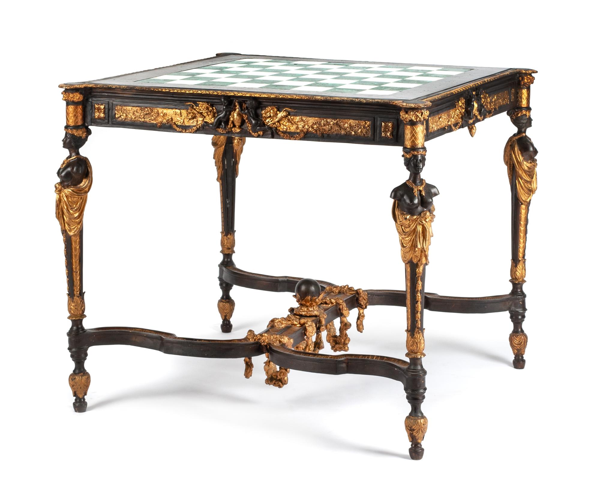 A Neoclassical Gilt and Patinated Bronze Game Table Height 28 1/2 x width 34 x depth 34 inches. — LIKELY AMERICAN, CIRCA 1900