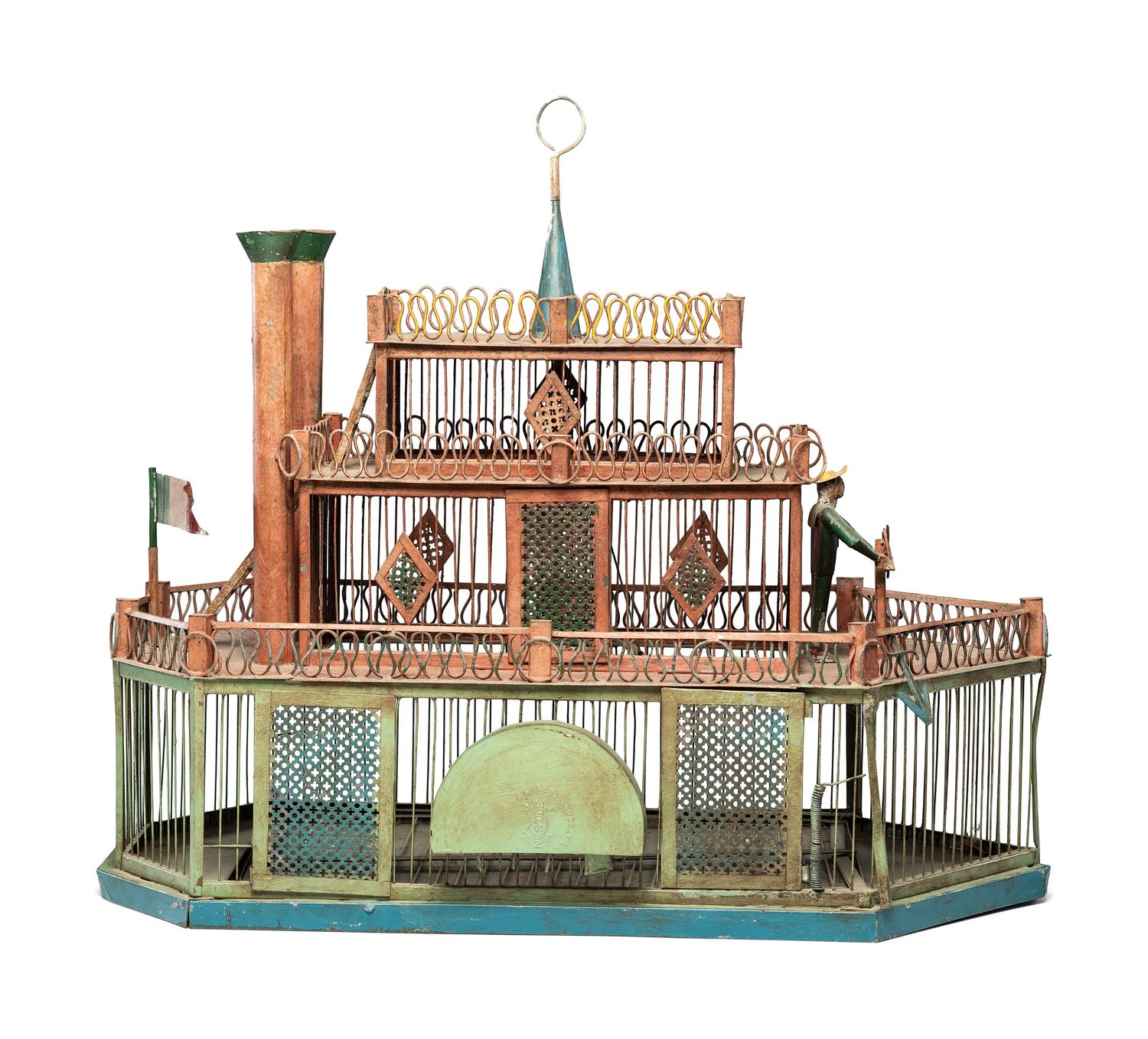 A Painted Sheet Metal and Wire Steamboat Form Birdcage