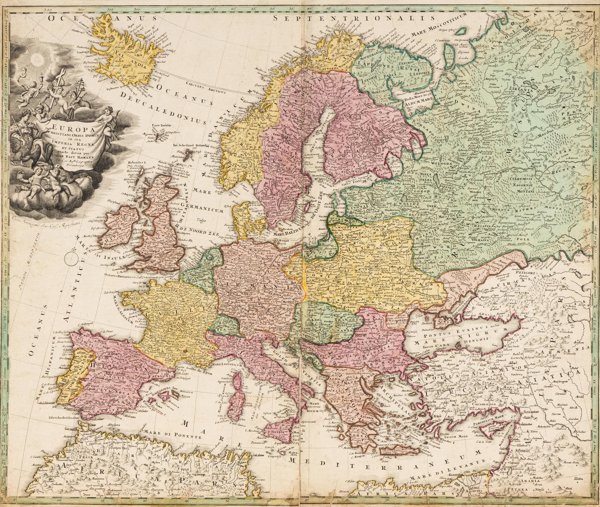[MAPS]. HOMANN, Johann Baptist (1663-1724). Four engraved continent maps with hand-coloring, each matted and framed, comprising: