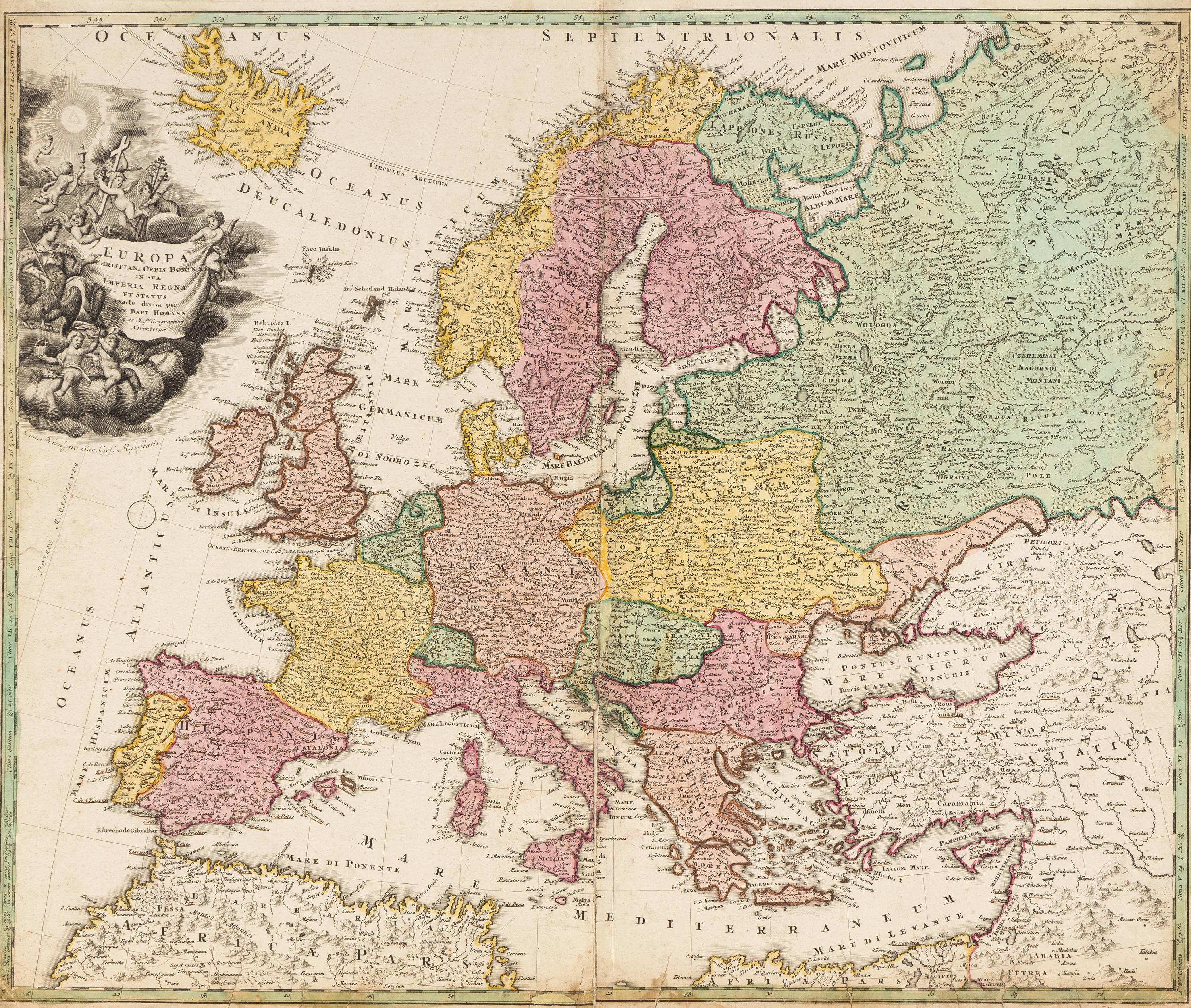 [MAPS]. HOMANN, Johann Baptist (1663-1724). Four engraved continent maps with hand-coloring, each matted and framed, comprising: