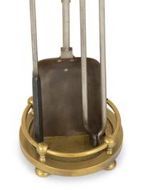 Two Sets of Brass Fire Tools and a Pair of Brass Andirons