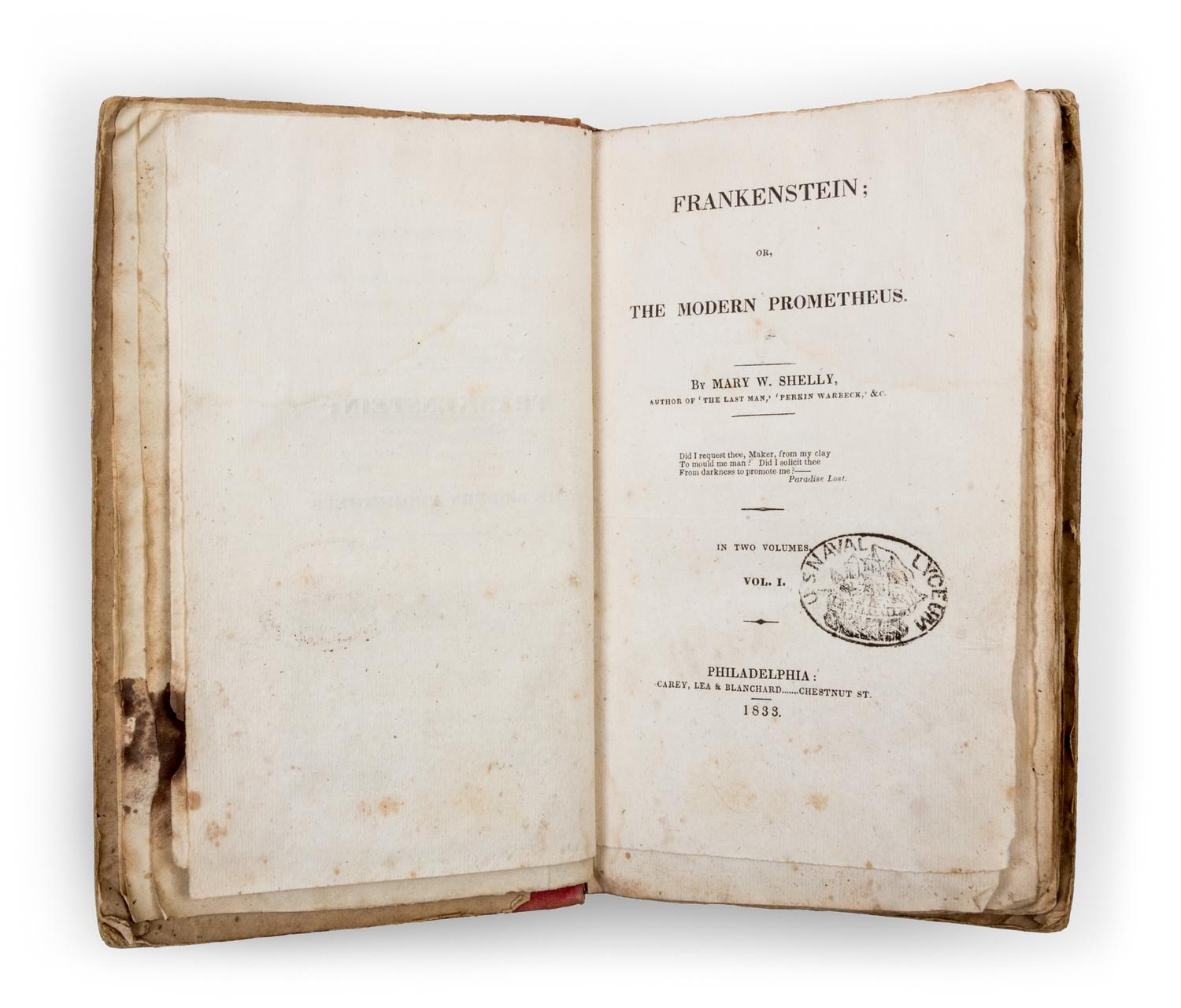 SHELLEY, MARY WOLLSTONECRAFT. Frankenstein, or, The Modern Prometheus. Philadelphia, 1833. 2 vols. First American edition.