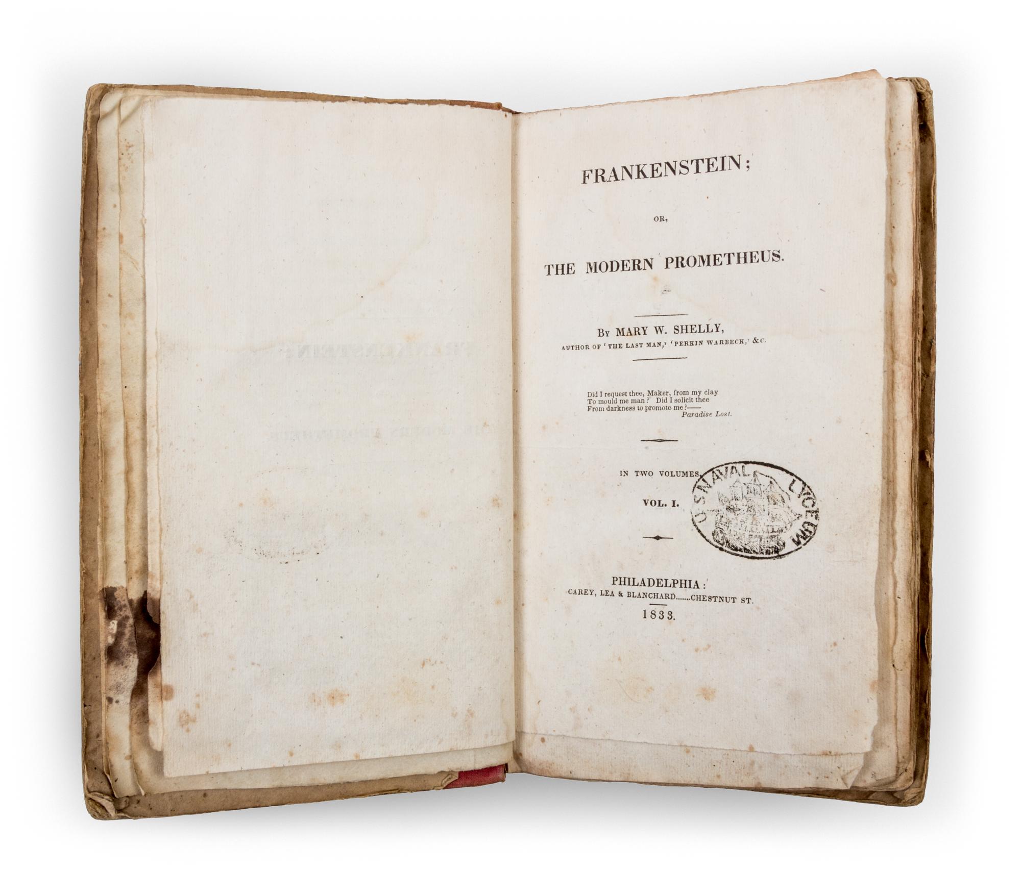 SHELLEY, MARY WOLLSTONECRAFT. Frankenstein, or, The Modern Prometheus. Philadelphia, 1833. 2 vols. First American edition.