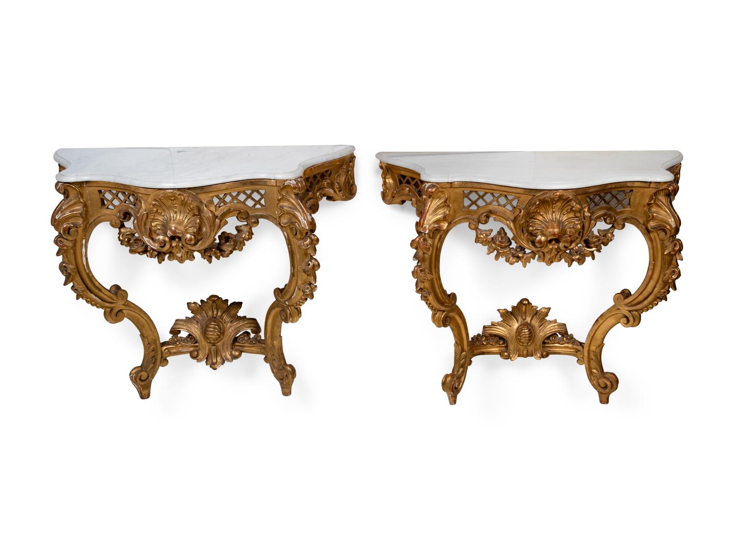 A Pair of Louis XV Style Giltwood Marble Top Wall-Mounted Console Tables