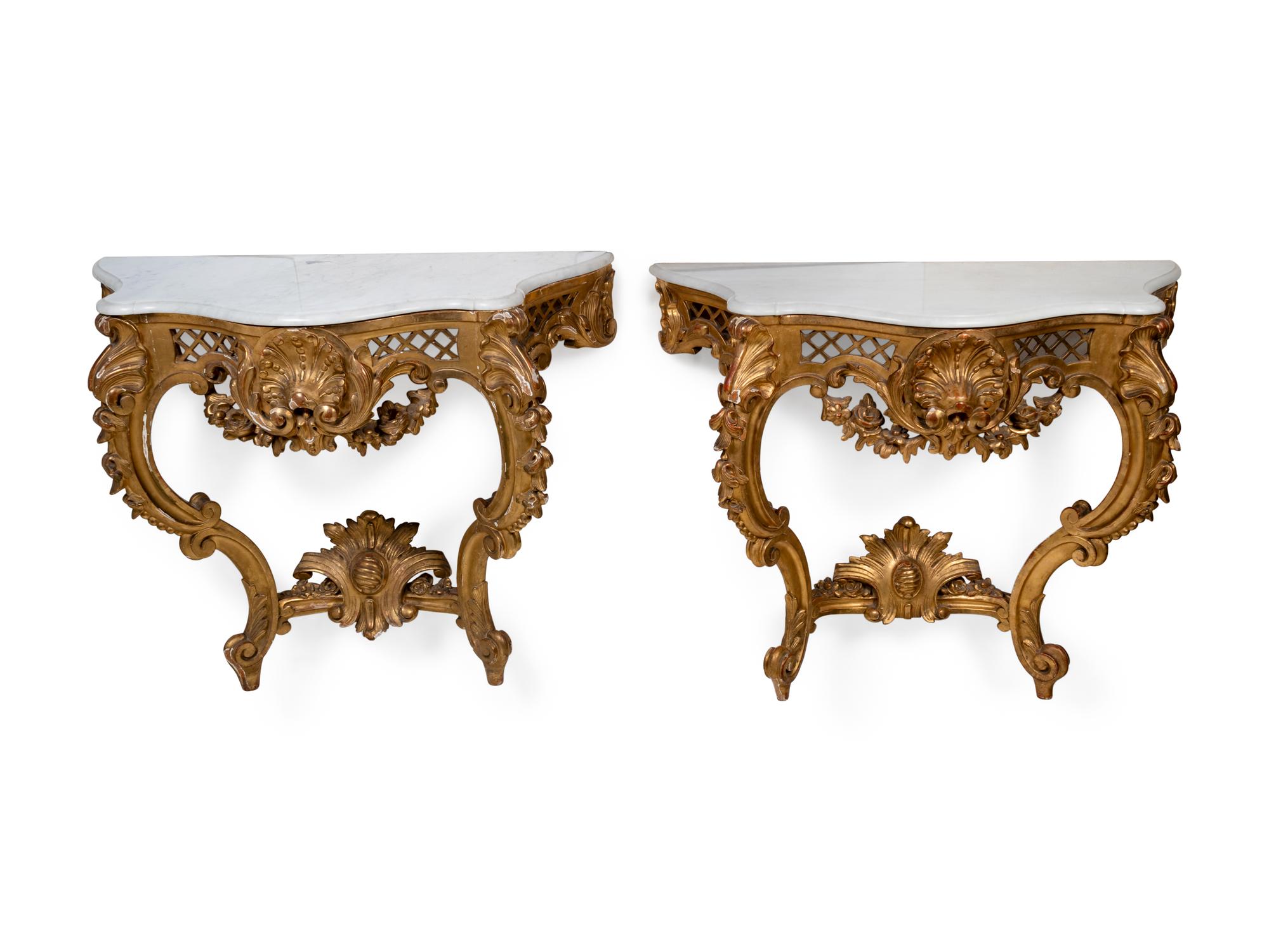 A Pair of Louis XV Style Giltwood Marble Top Wall-Mounted Console Tables