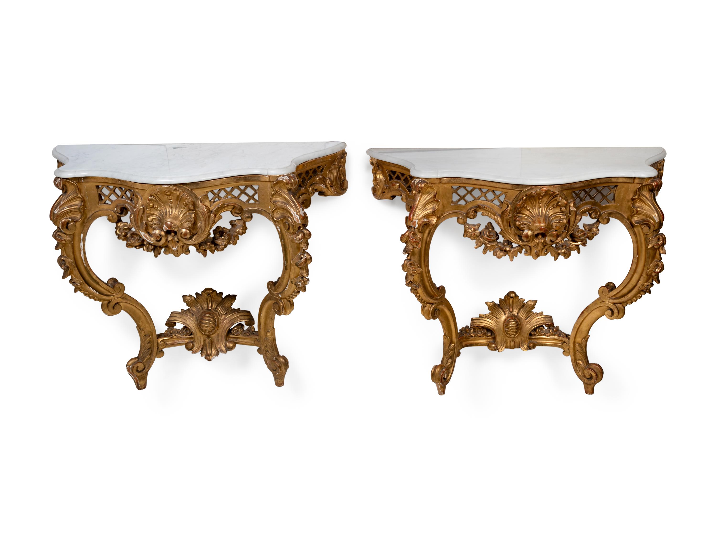 A Pair of Louis XV Style Giltwood Marble Top Wall-Mounted Console Tables